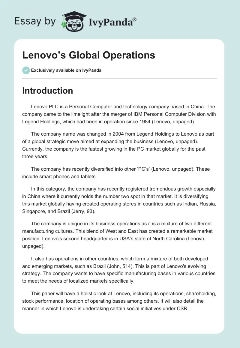 Lenovo’s Global Operations. Page 1