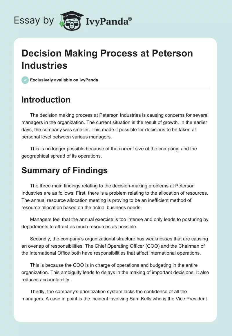 Decision Making Process at Peterson Industries. Page 1