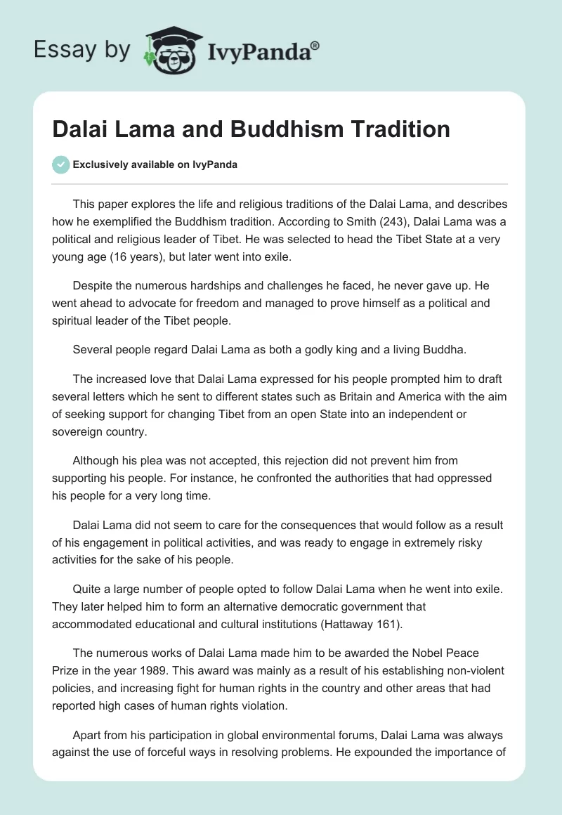 Dalai Lama and Buddhism Tradition. Page 1