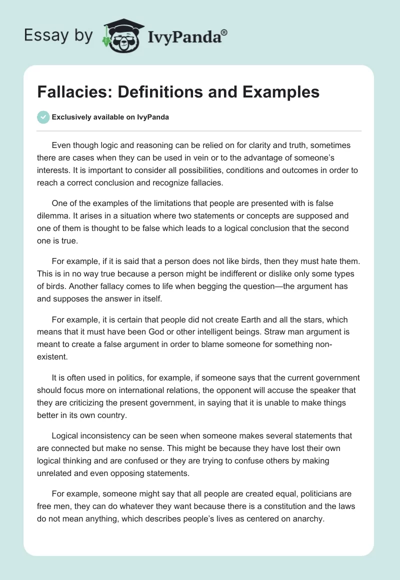 Fallacies: Definitions and Examples. Page 1