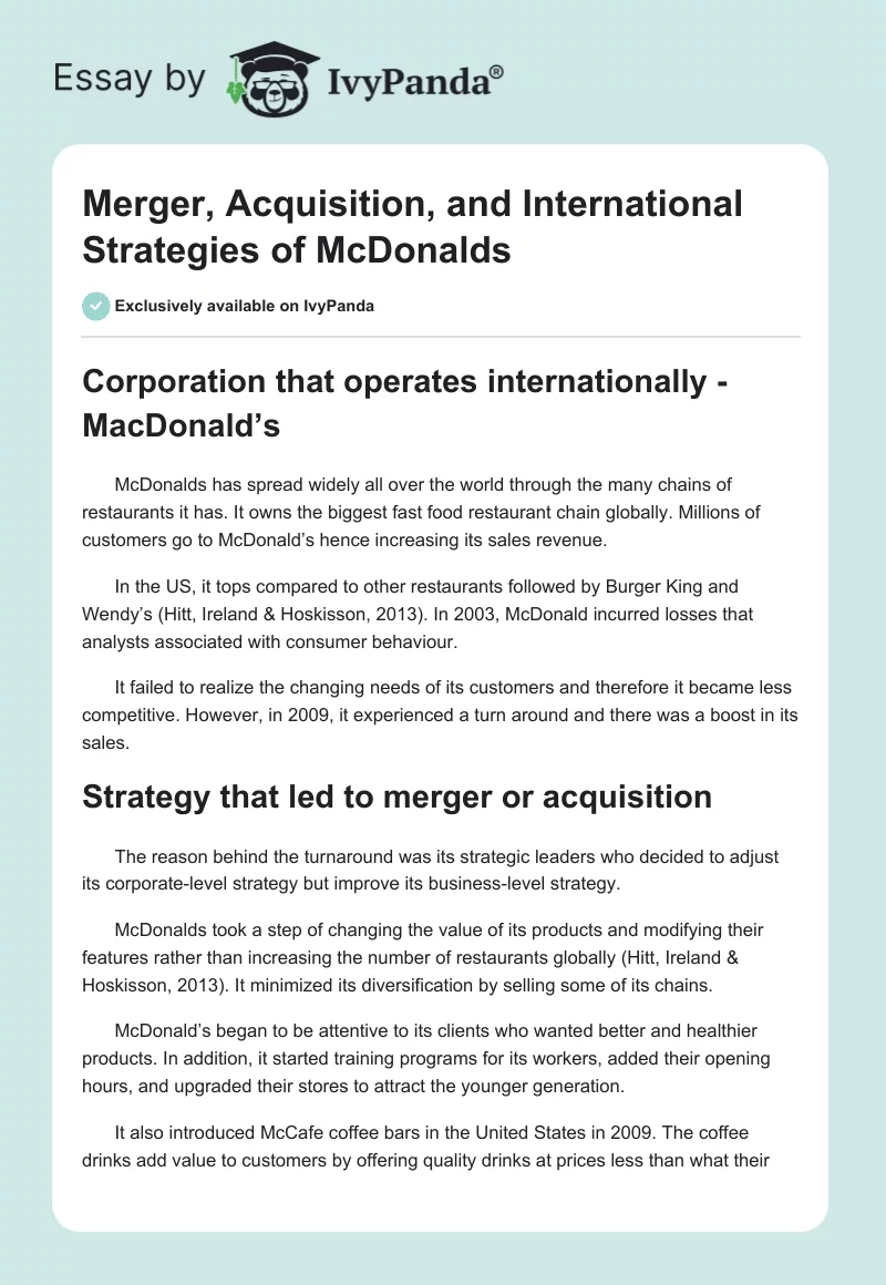 Merger, Acquisition, and International Strategies of McDonalds. Page 1