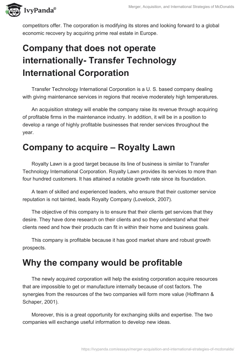Merger, Acquisition, and International Strategies of McDonalds. Page 2