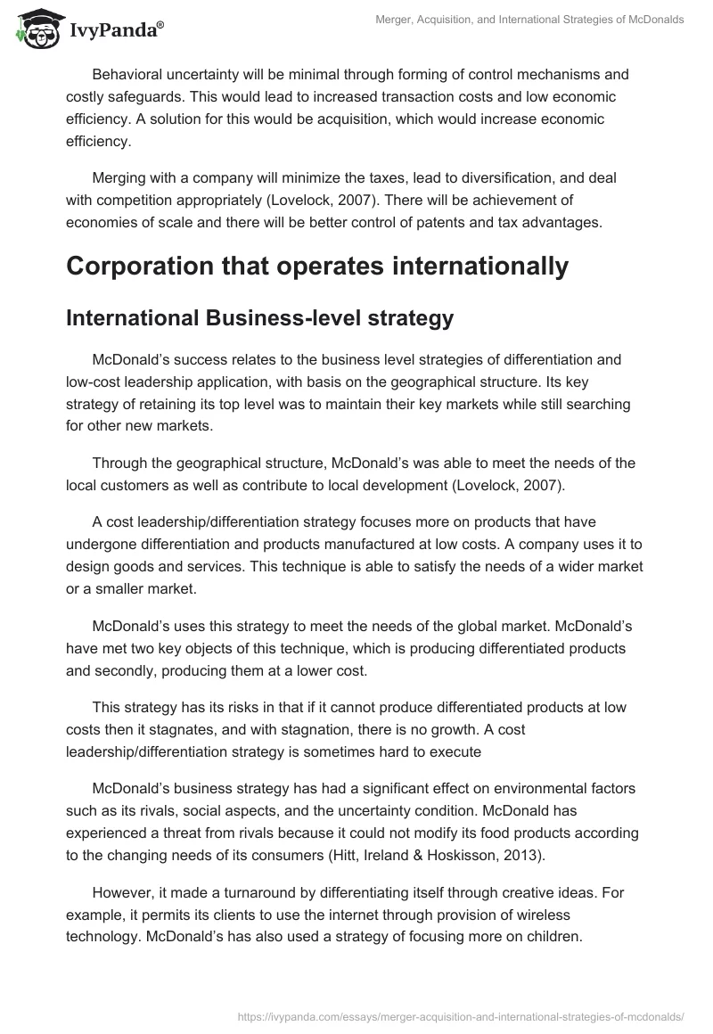 Merger, Acquisition, and International Strategies of McDonalds. Page 3