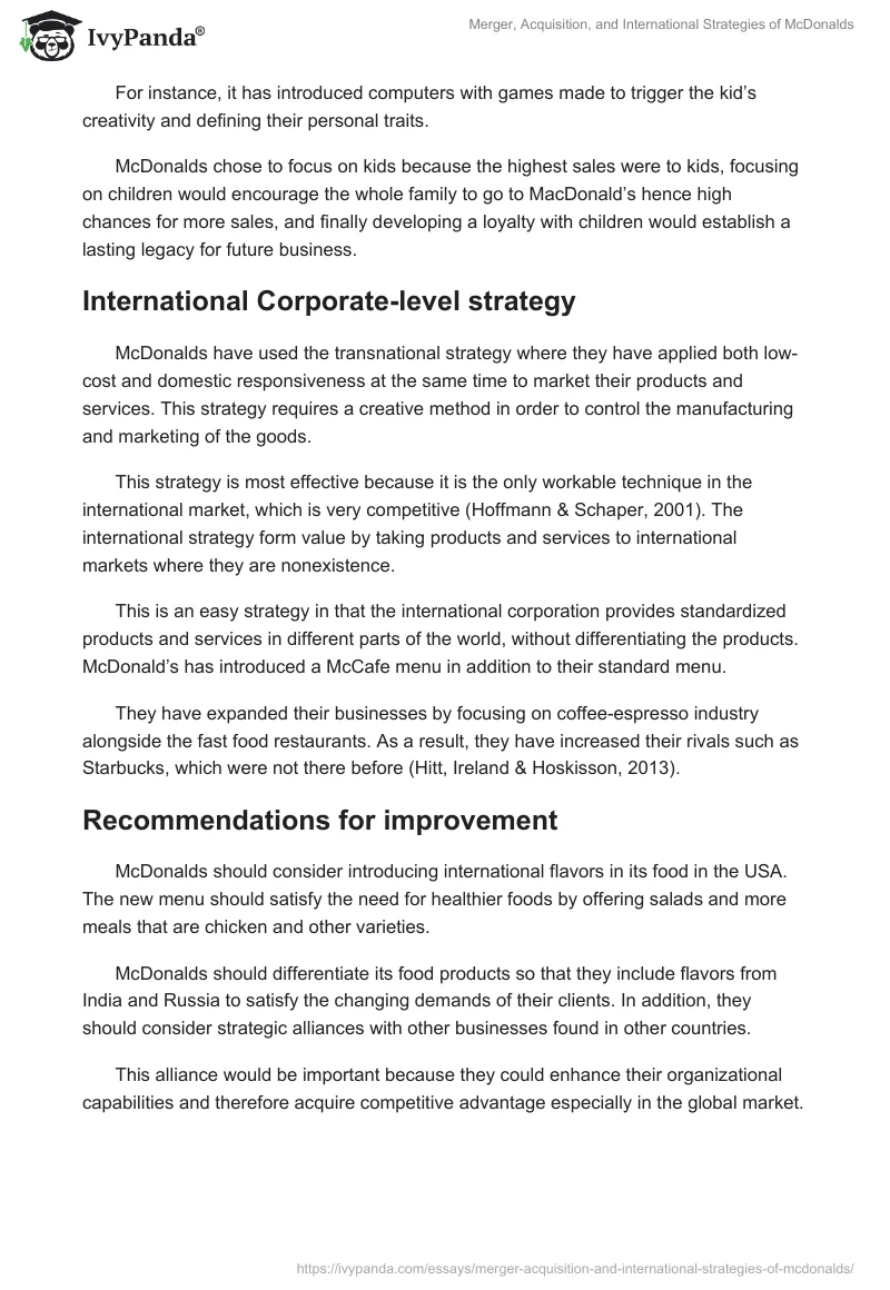 Merger, Acquisition, and International Strategies of McDonalds. Page 4