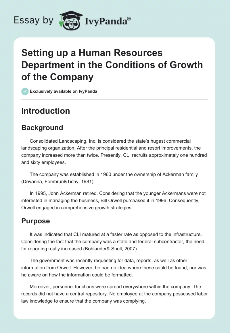 Setting up a Human Resources Department in the Conditions of Growth of the Company. Page 1