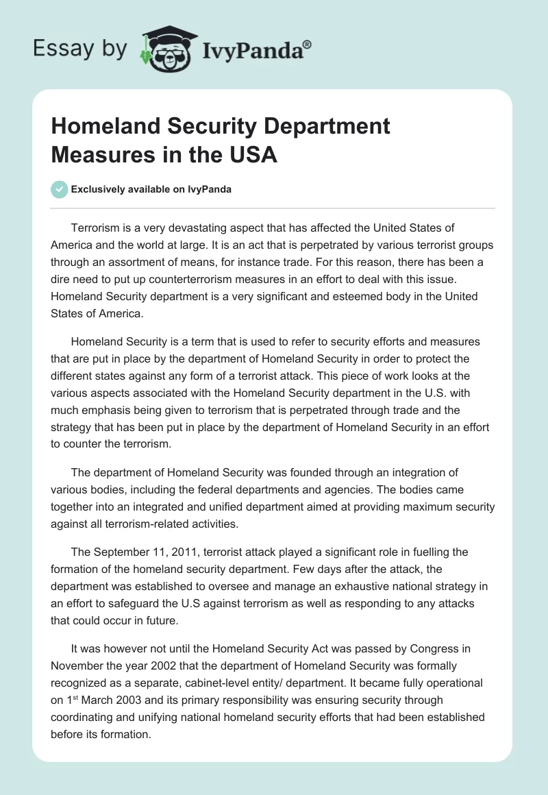 Homeland Security Department Measures in the USA. Page 1