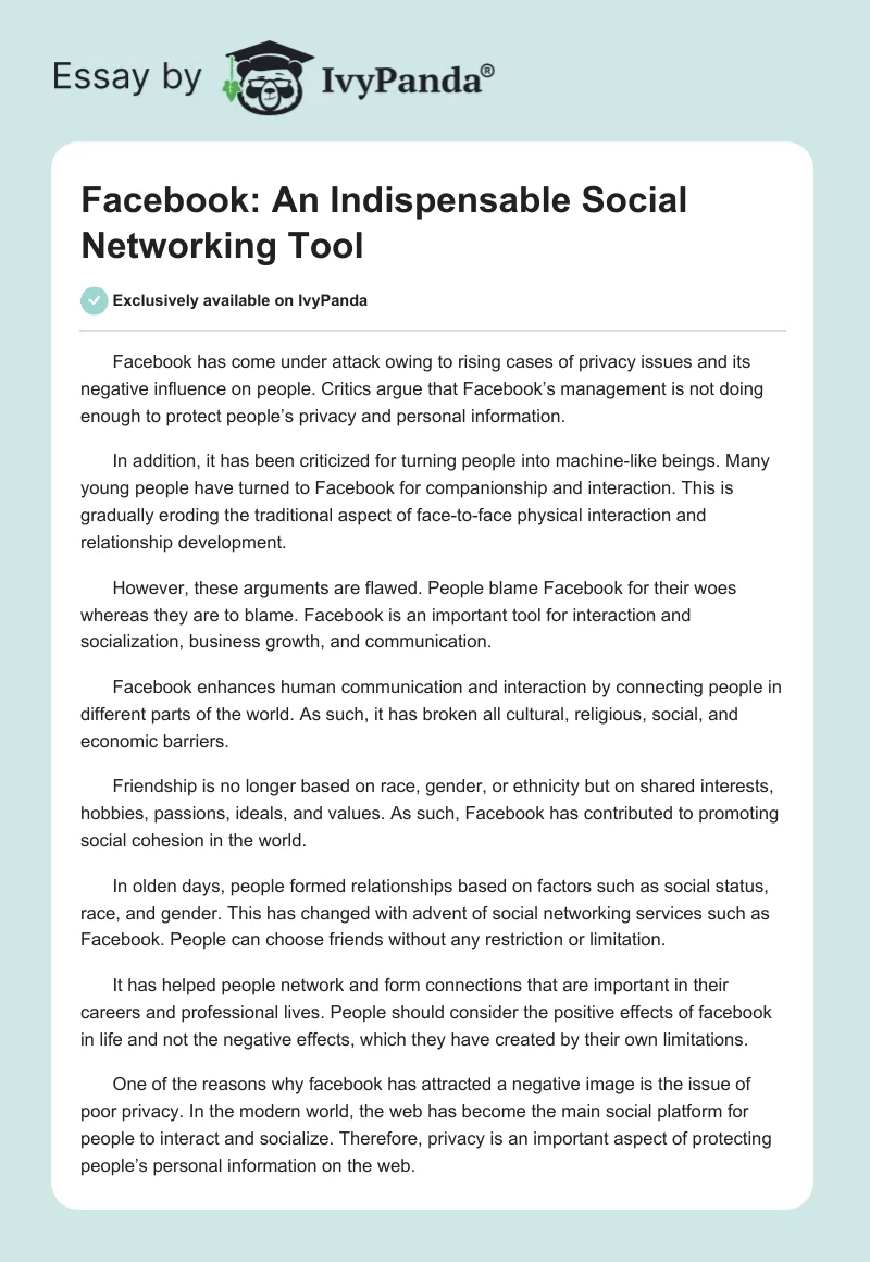 Facebook: An Indispensable Social Networking Tool. Page 1