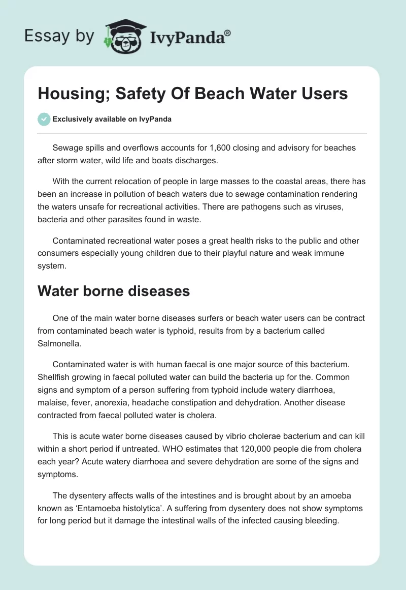 Housing; Safety of Beach Water Users. Page 1