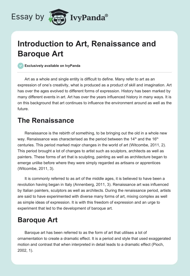 Introduction to Art, Renaissance and Baroque Art. Page 1