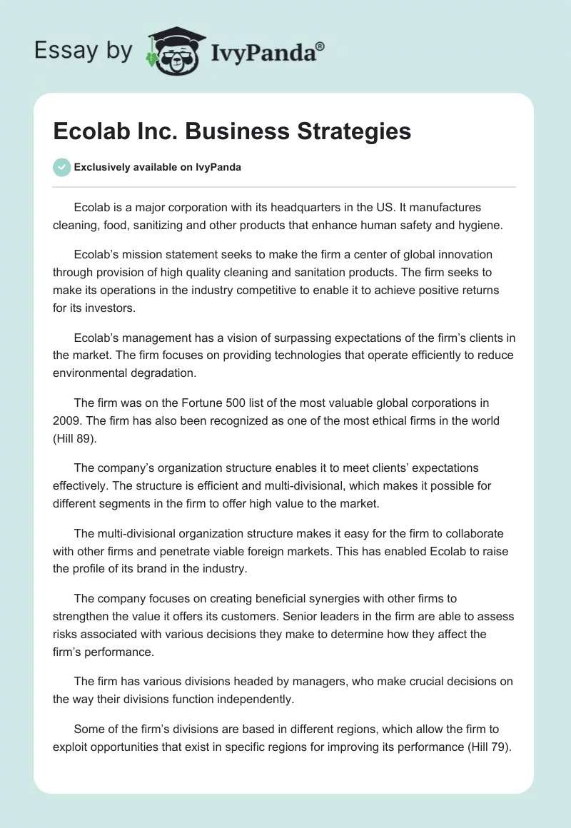 Ecolab Inc. Business Strategies. Page 1