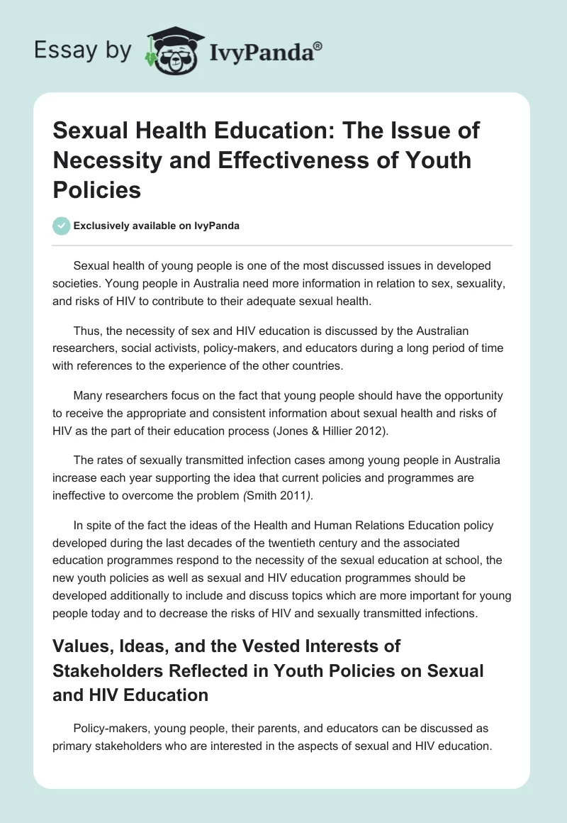 Sexual Health Education: The Issue of Necessity and Effectiveness of Youth Policies. Page 1