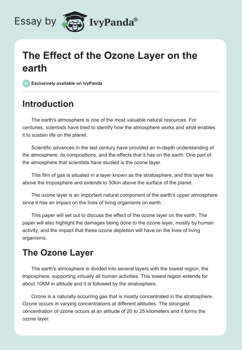 The Effect of the Ozone Layer on the earth. Page 1