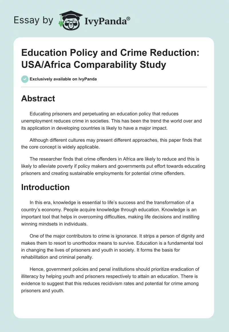 Education Policy and Crime Reduction: USA/Africa Comparability Study. Page 1