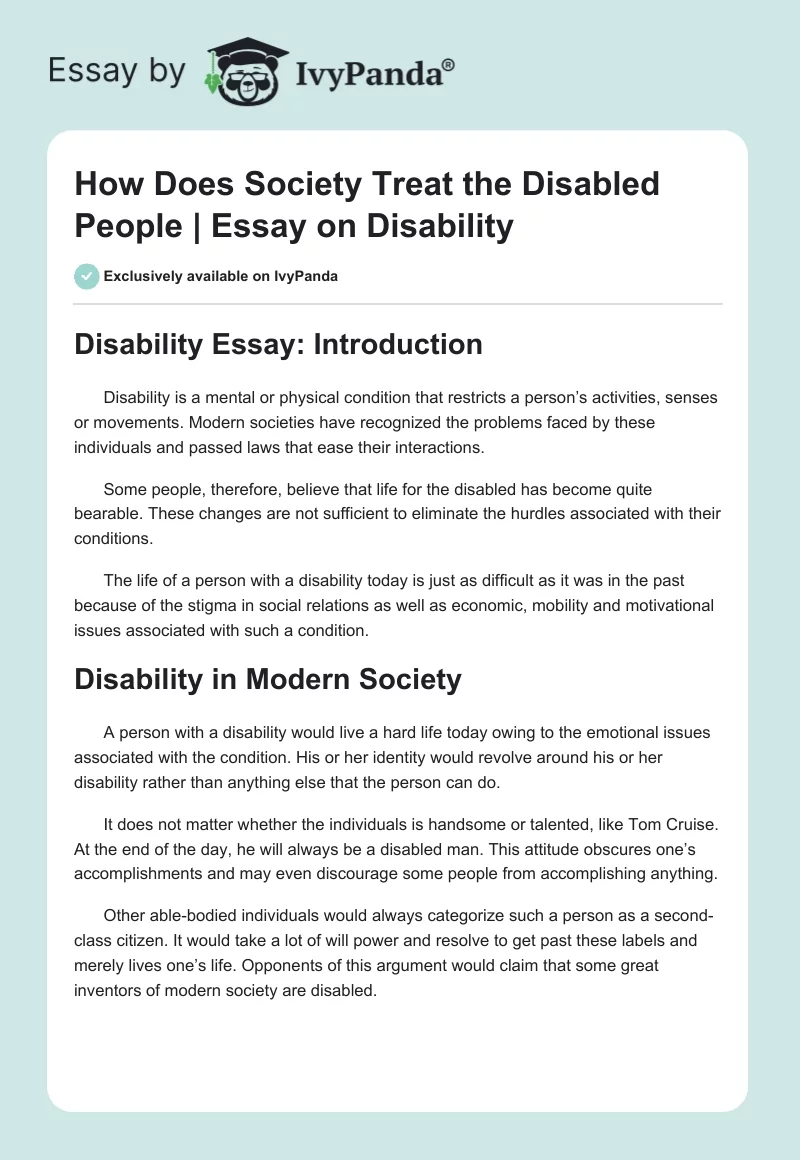 How Does Society Treat the Disabled People | Essay on Disability. Page 1