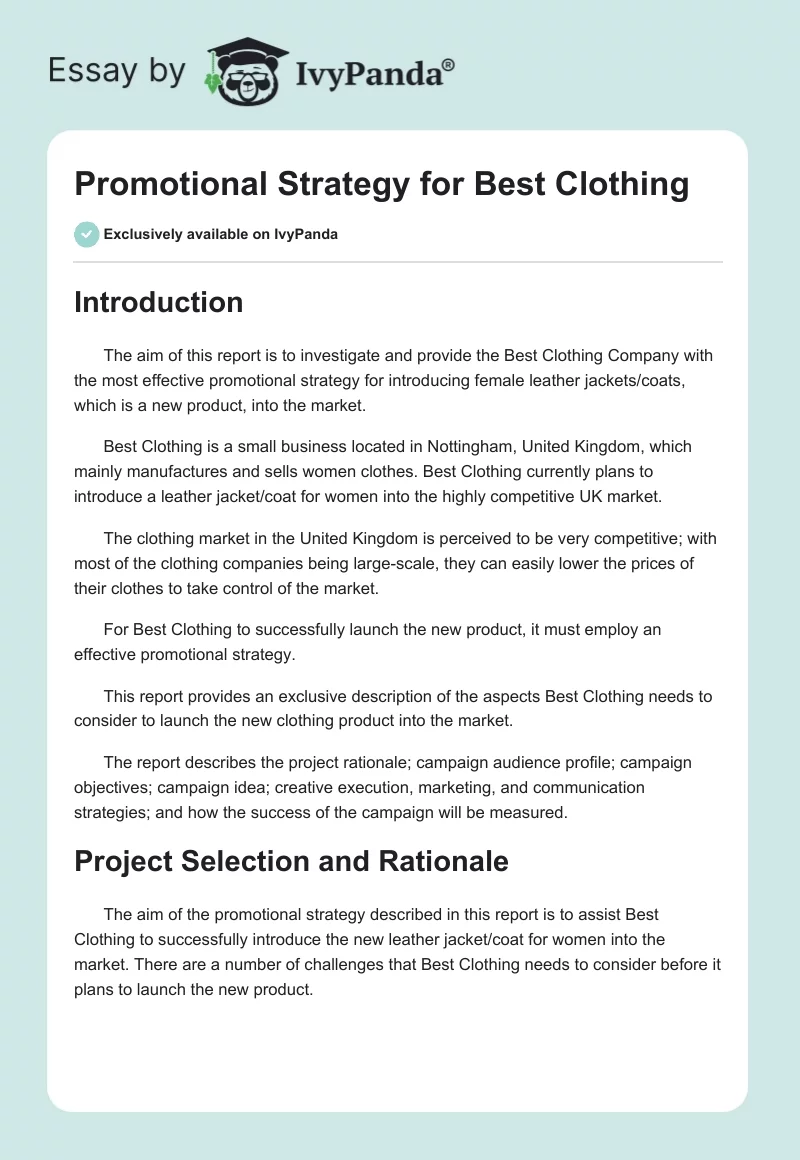 Promotional Strategy for Best Clothing. Page 1