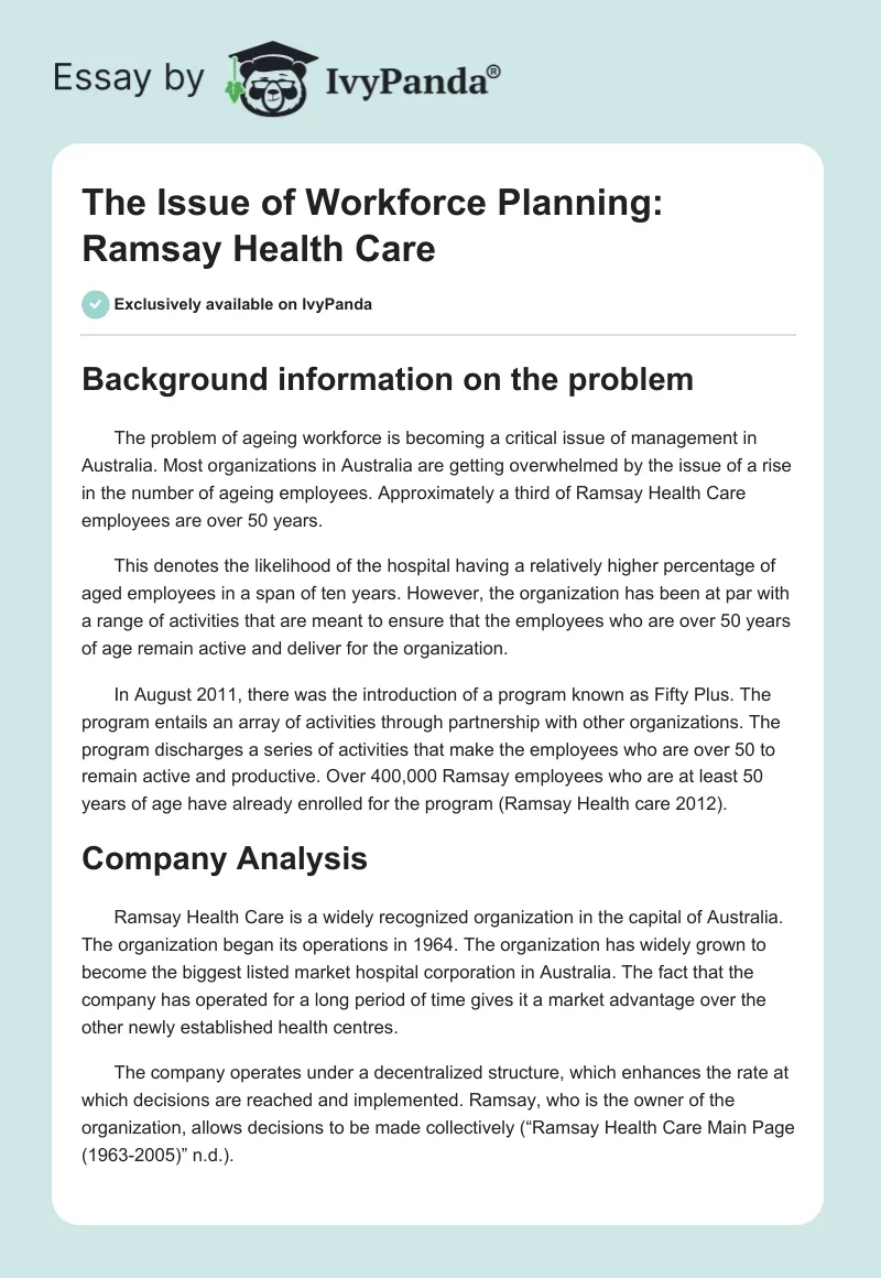 The Issue of Workforce Planning: Ramsay Health Care. Page 1