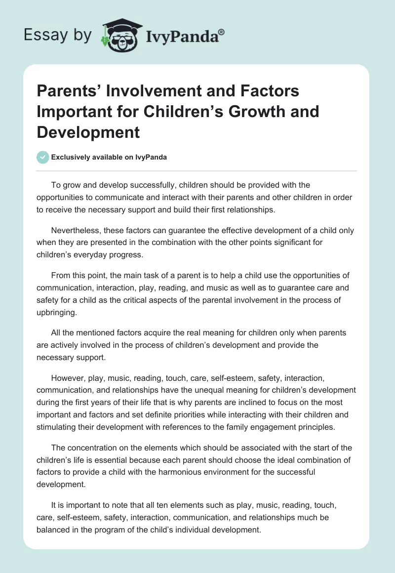 Parents’ Involvement and Factors Important for Children’s Growth and Development. Page 1