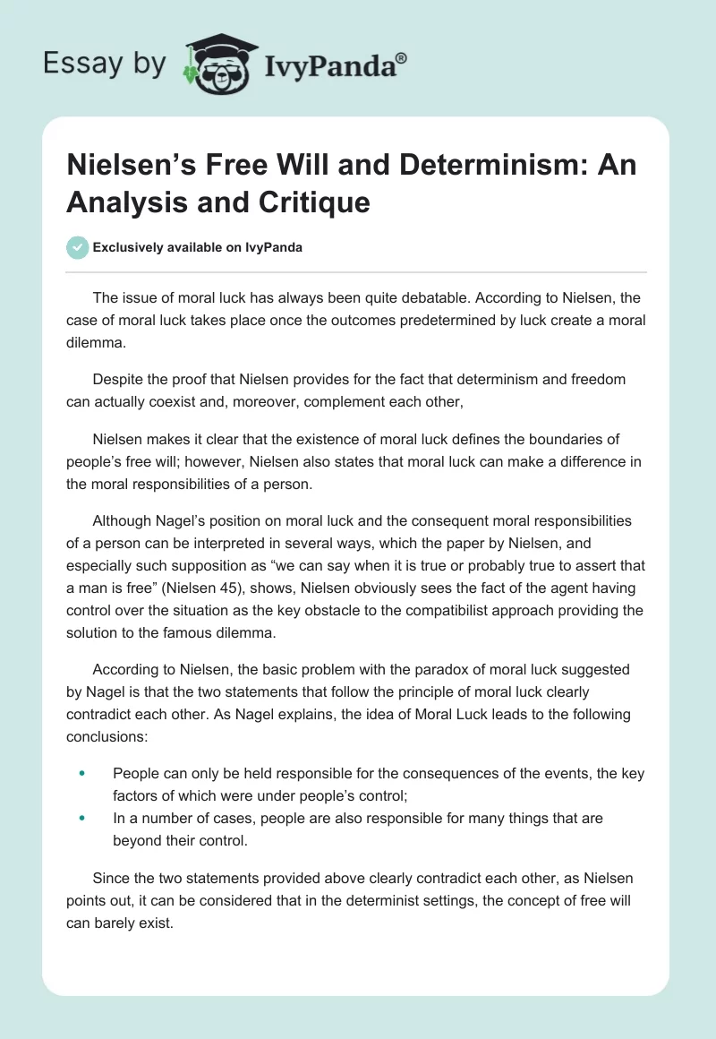 Nielsen’s Free Will and Determinism: An Analysis and Critique. Page 1