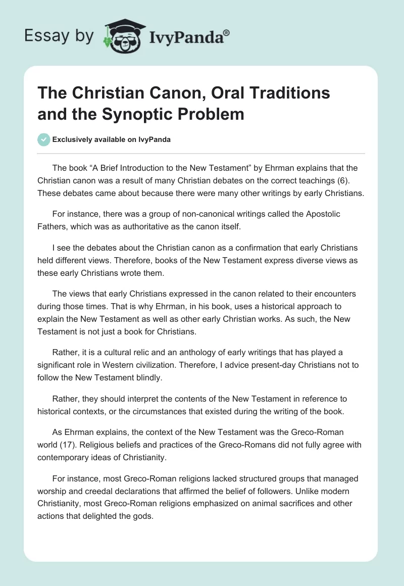 The Christian Canon, Oral Traditions and the Synoptic Problem. Page 1