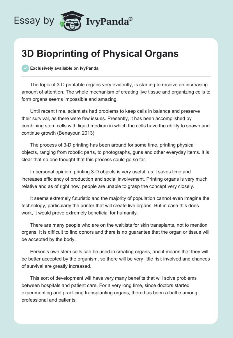 3D Bioprinting of Physical Organs. Page 1