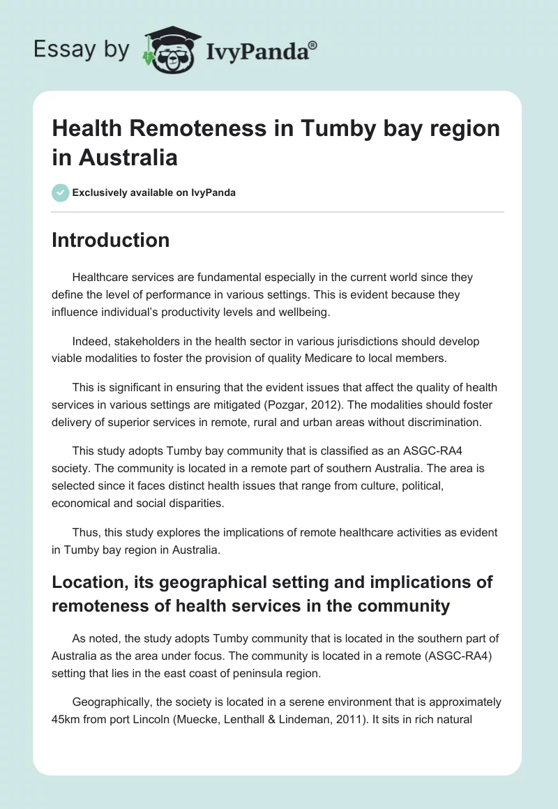 Health Remoteness in Tumby bay region in Australia. Page 1