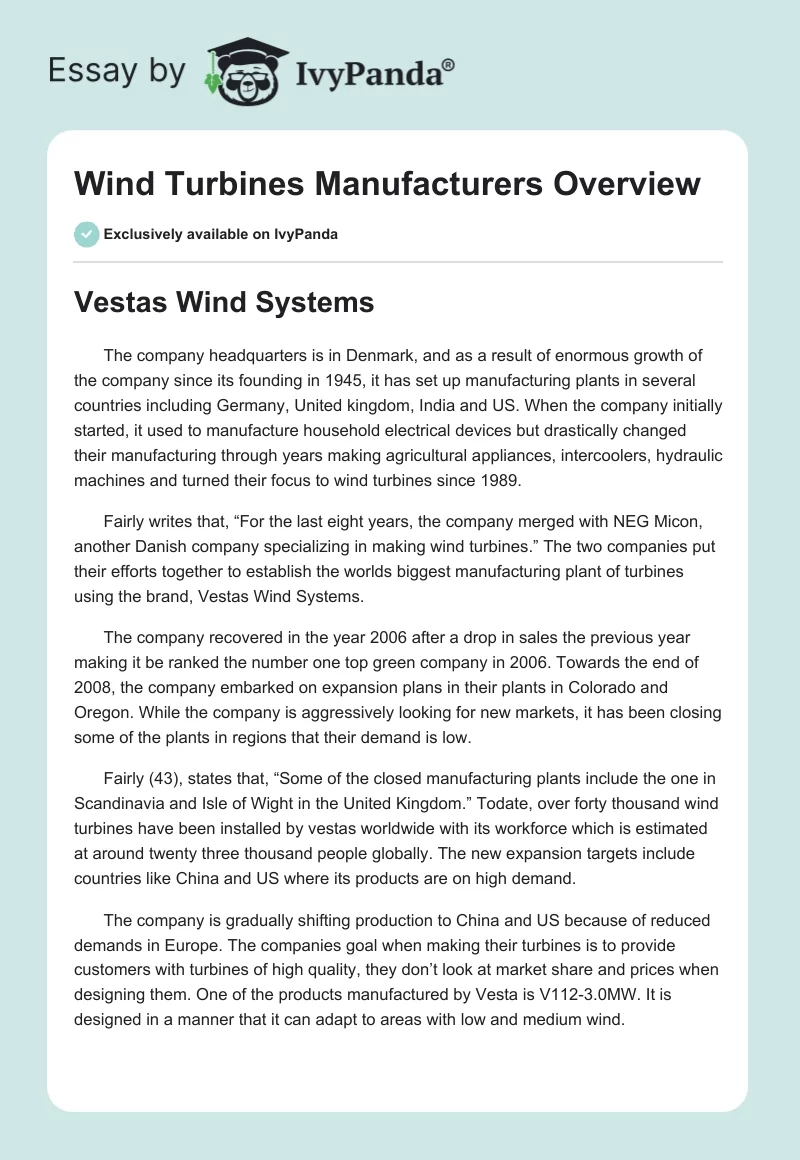 Wind Turbines Manufacturers Overview. Page 1