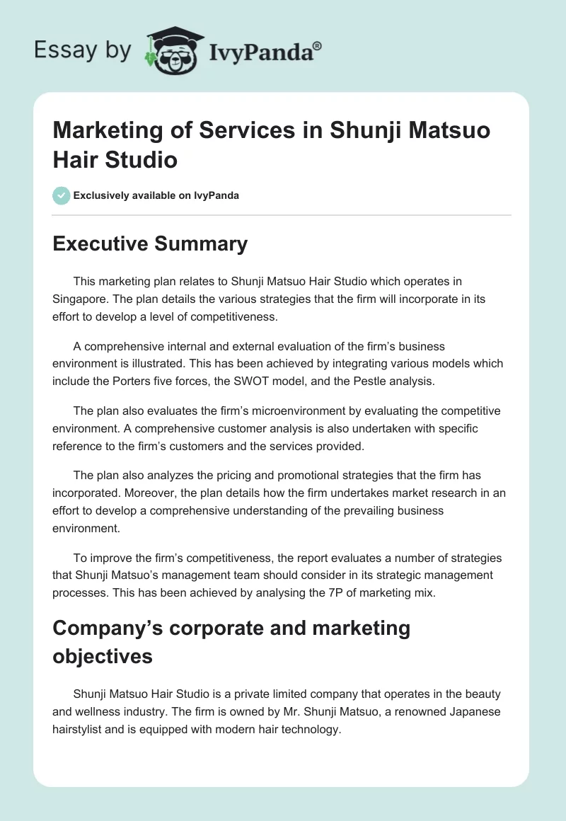 Marketing of Services in Shunji Matsuo Hair Studio. Page 1