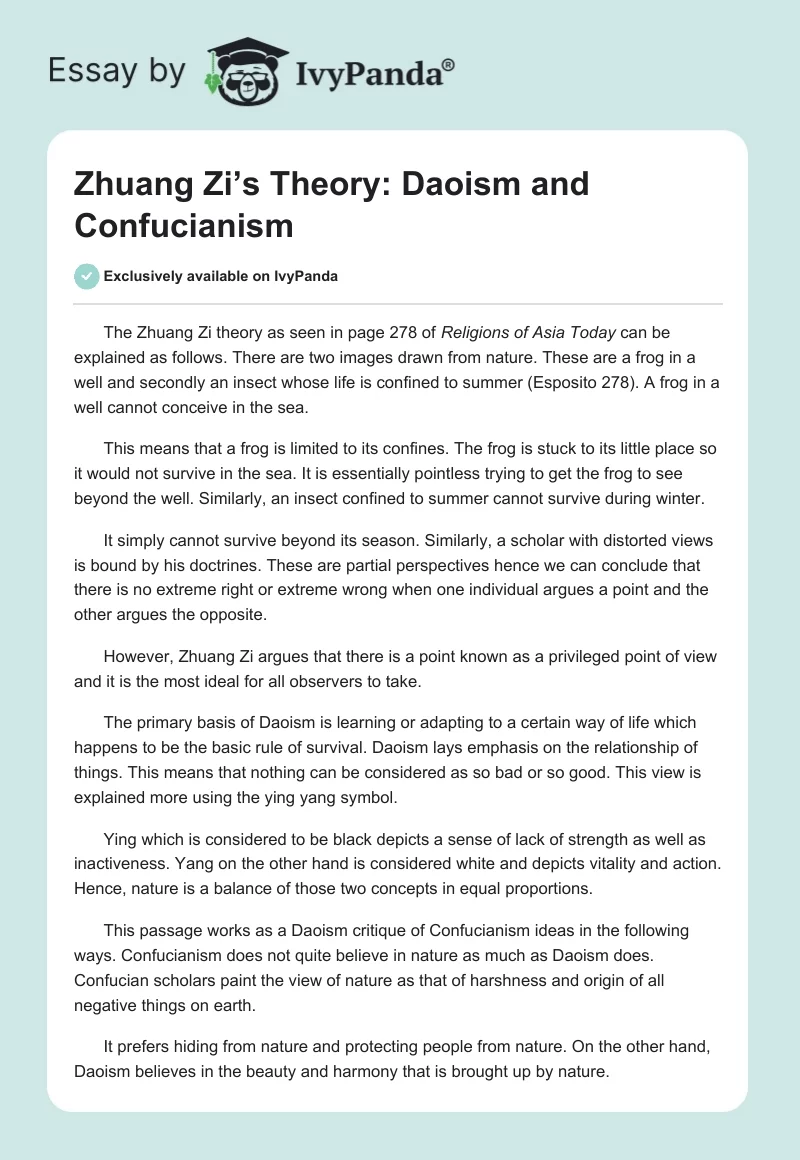 Zhuang Zi’s Theory: Daoism and Confucianism. Page 1