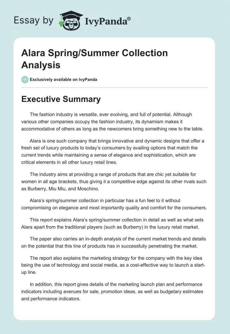 Alara Spring/Summer Collection Analysis. Page 1