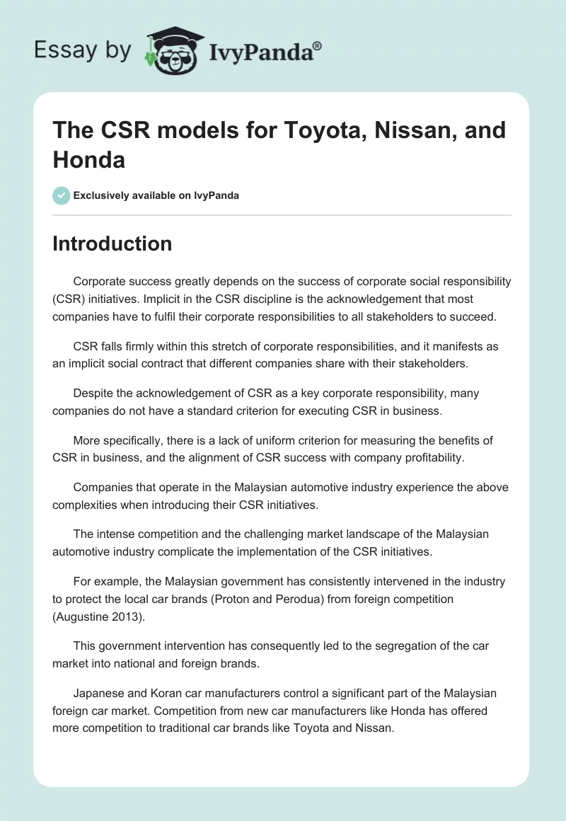 The CSR Models for Toyota, Nissan, and Honda. Page 1
