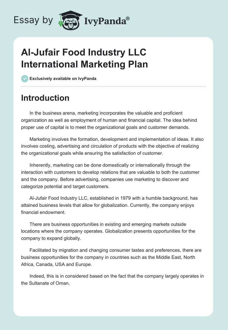 Al-Jufair Food Industry LLC International Marketing Plan. Page 1