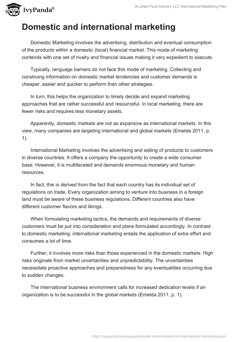 Al-Jufair Food Industry LLC International Marketing Plan. Page 2