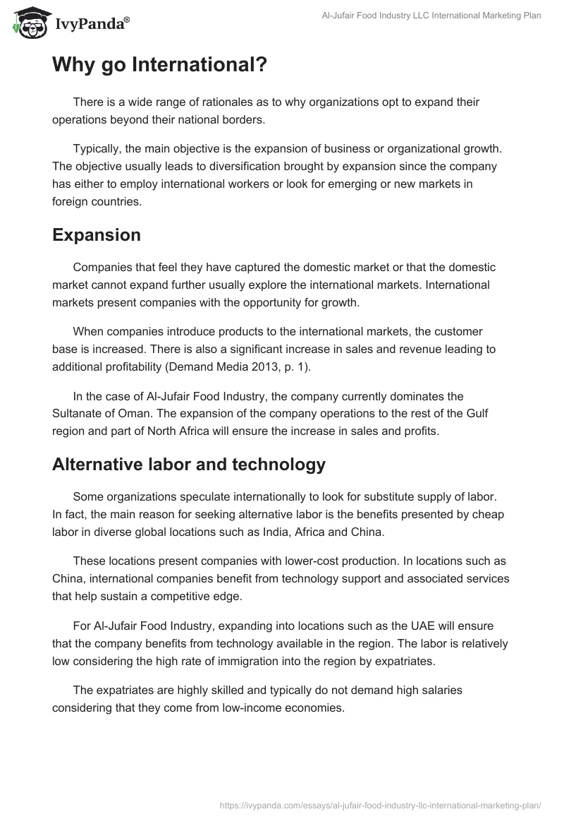 Al-Jufair Food Industry LLC International Marketing Plan. Page 3