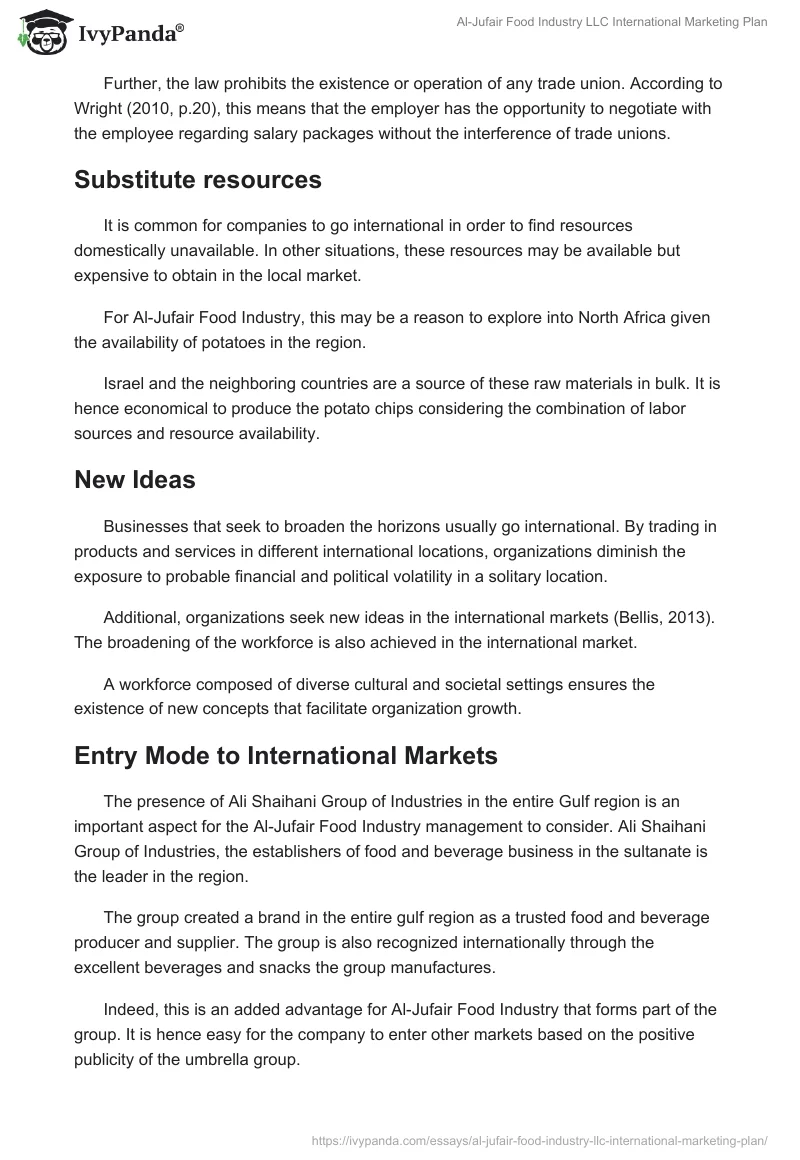 Al-Jufair Food Industry LLC International Marketing Plan. Page 4