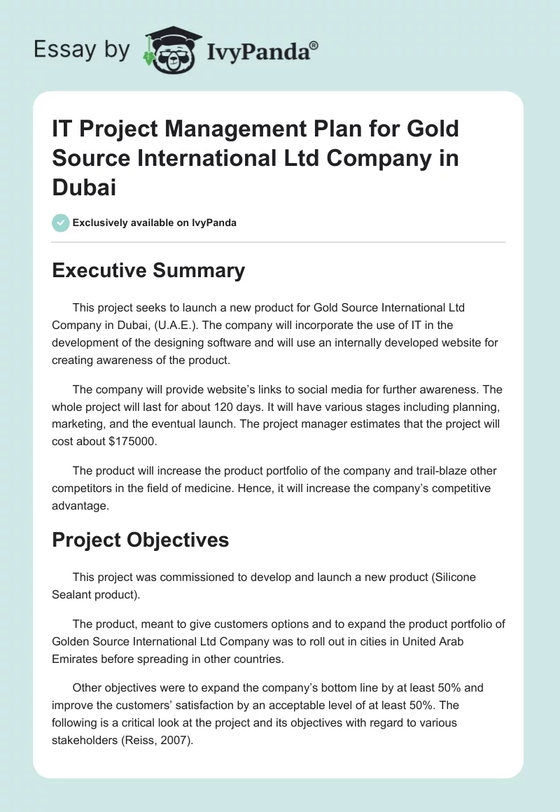 IT Project Management Plan for Gold Source International Ltd Company in Dubai. Page 1