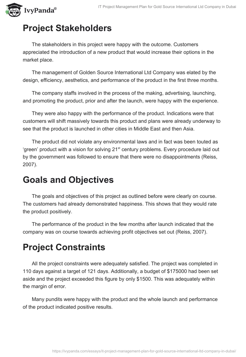 IT Project Management Plan for Gold Source International Ltd Company in Dubai. Page 2