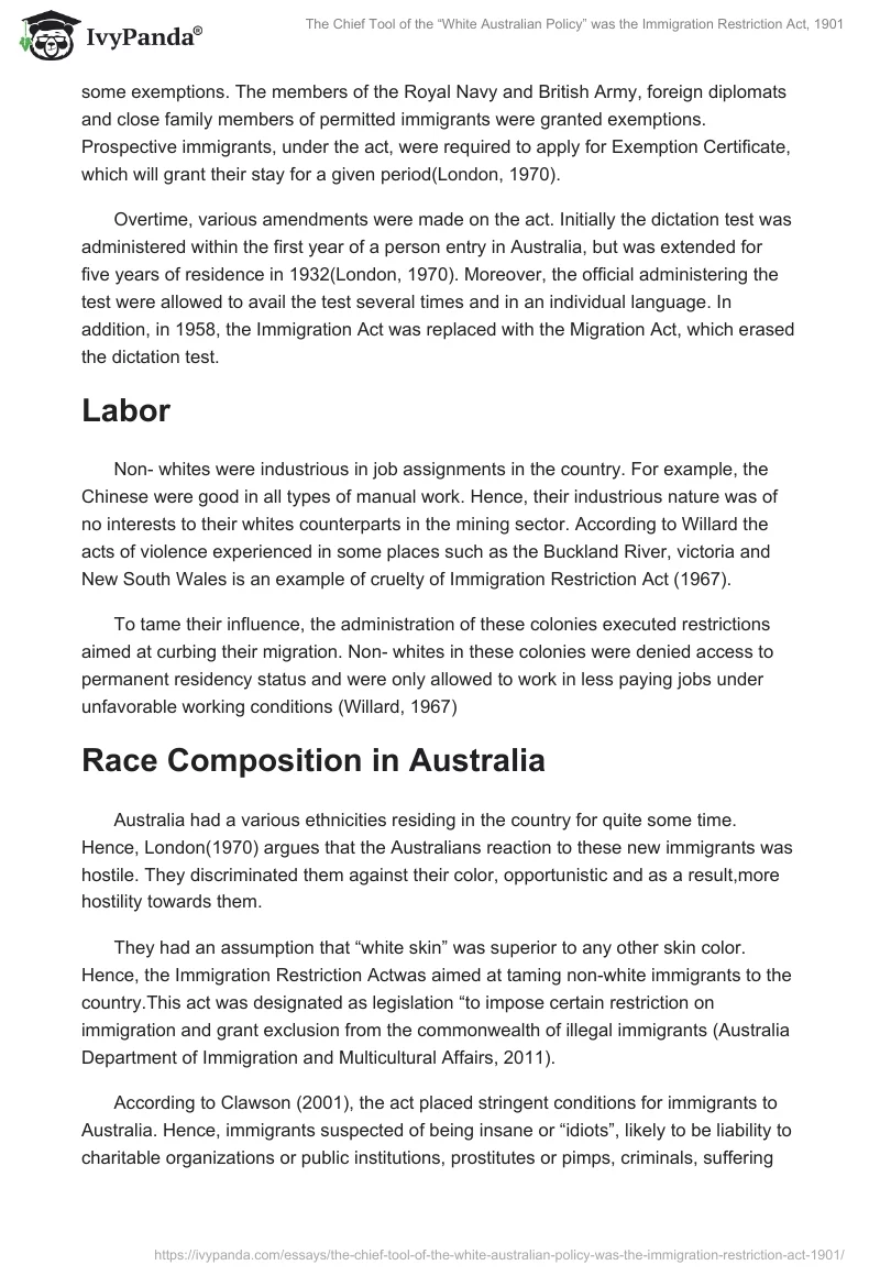 The Chief Tool of the “White Australian Policy” was the Immigration Restriction Act, 1901. Page 2