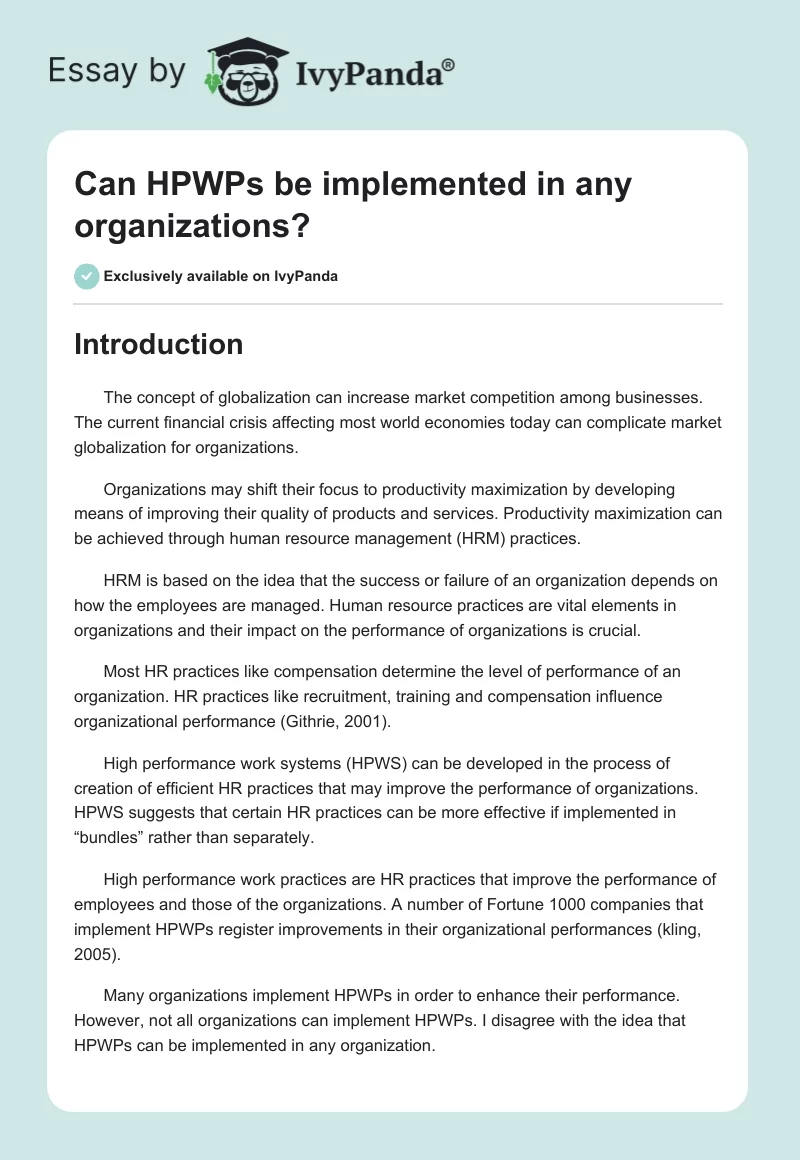 Can HPWPs be implemented in any organizations?. Page 1