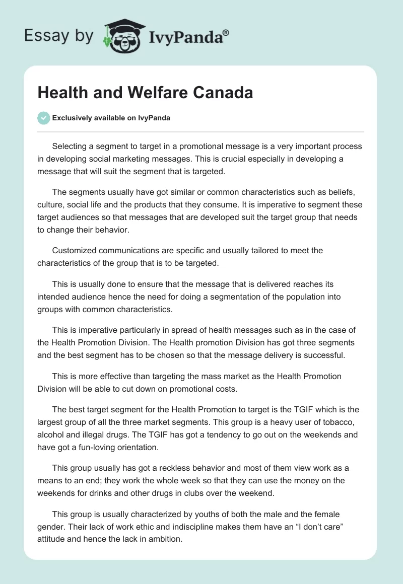 Health and Welfare Canada. Page 1