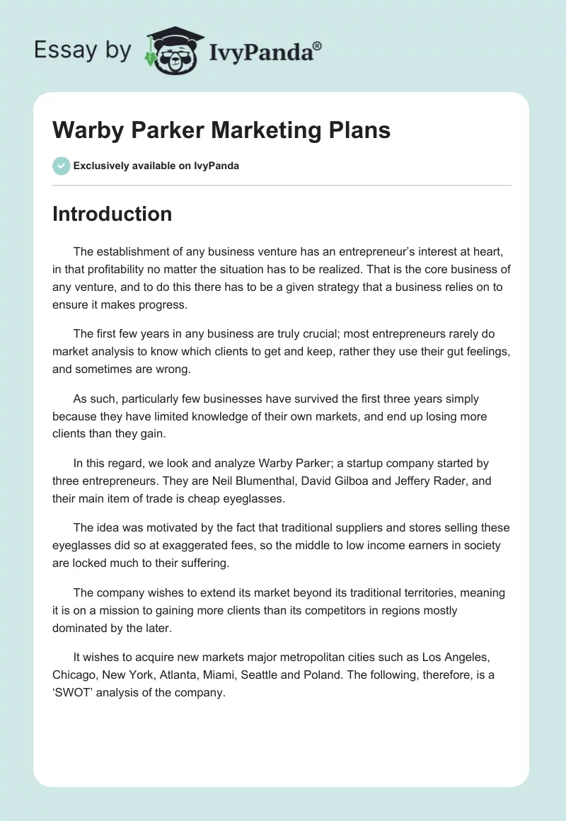 Warby Parker Marketing Plans. Page 1