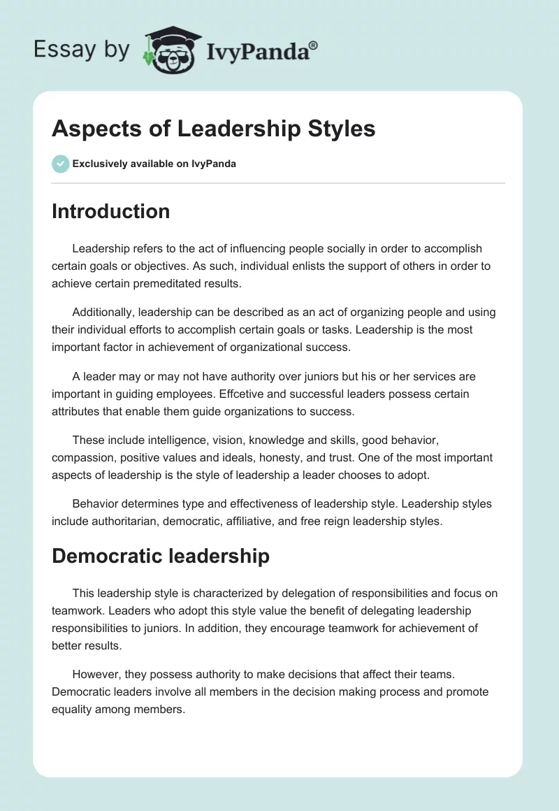 Aspects of Leadership Styles. Page 1