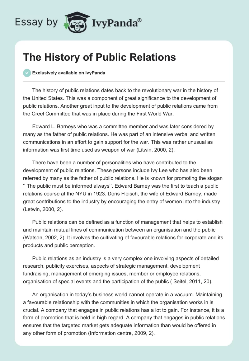 The History of Public Relations. Page 1