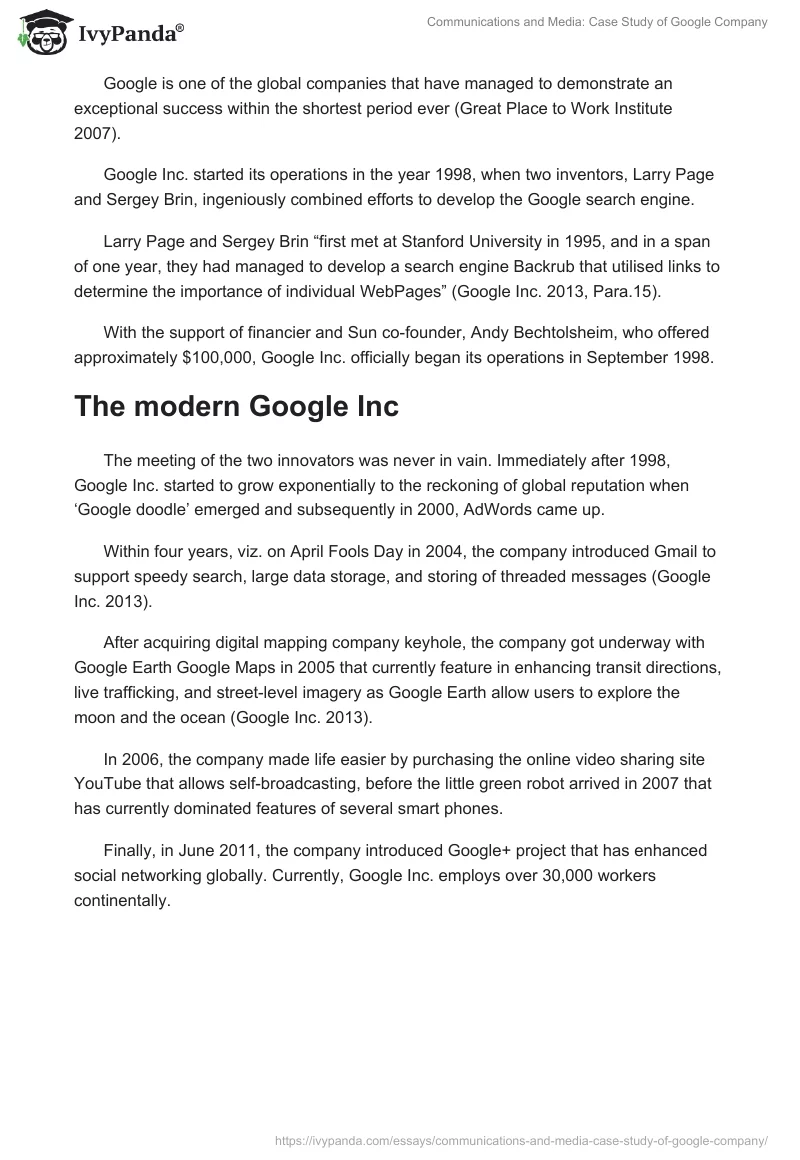 Communications and Media: Case Study of Google Company. Page 2