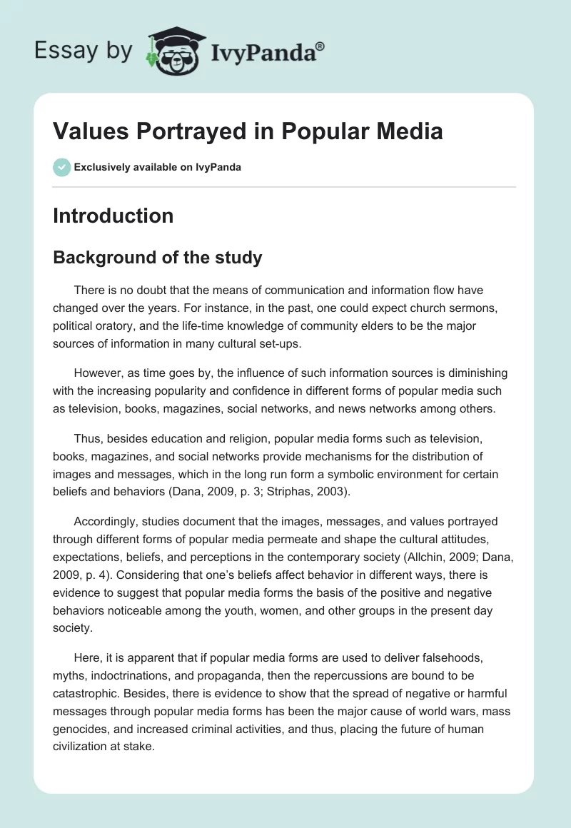 Values Portrayed in Popular Media. Page 1