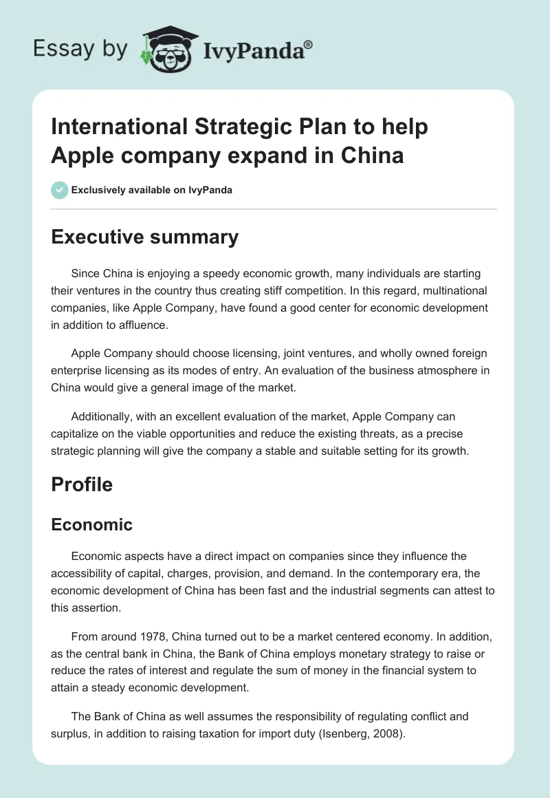 International Strategic Plan to Help Apple Company Expand in China. Page 1