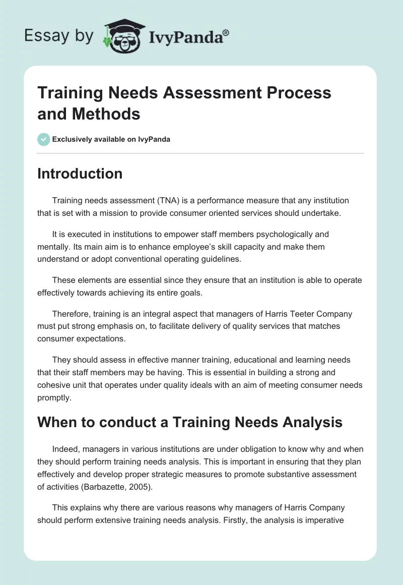 Training Needs Assessment Process and Methods. Page 1