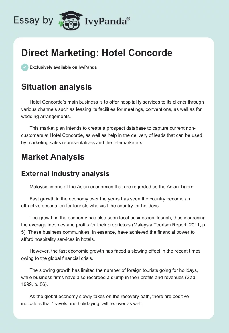 Direct Marketing: Hotel Concorde. Page 1