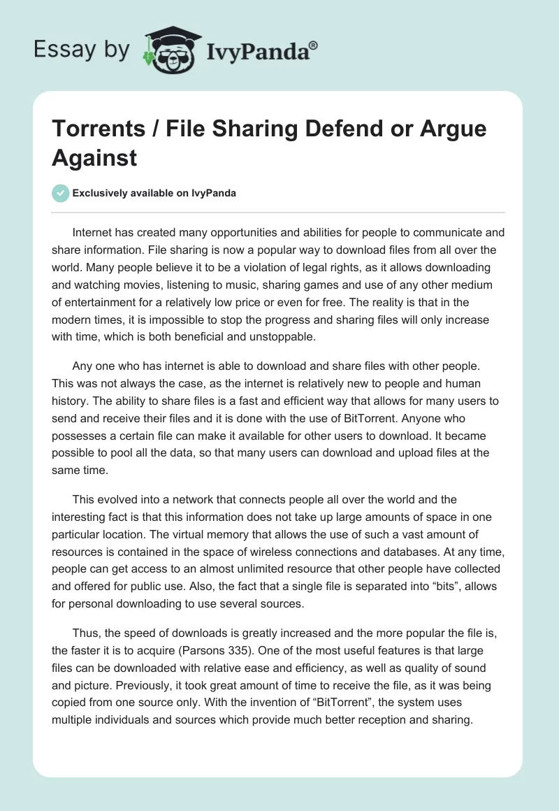 Torrents / File Sharing Defend or Argue Against. Page 1