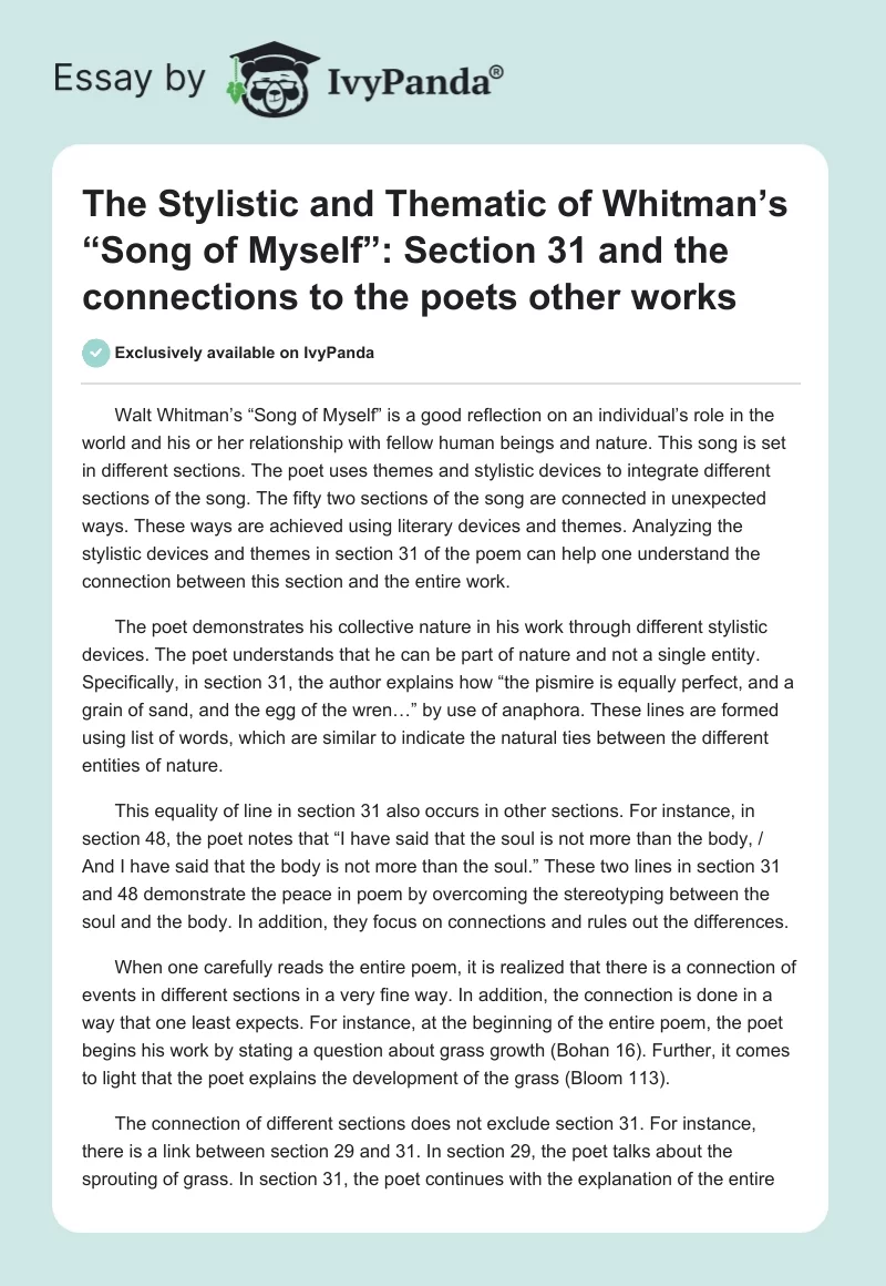 The Stylistic and Thematic of Whitman’s “Song of Myself”: Section 31 and the connections to the poets other works. Page 1