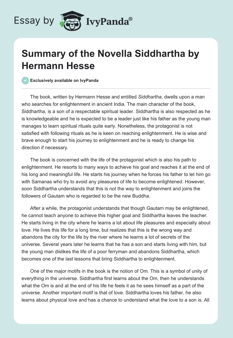 Summary of the Novella Siddhartha by Hermann Hesse. Page 1